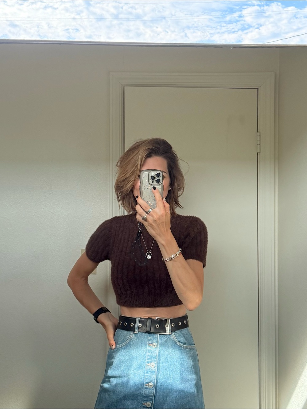 Zara Dark Brown Fuzzy Cropped Short-Sleeve Top